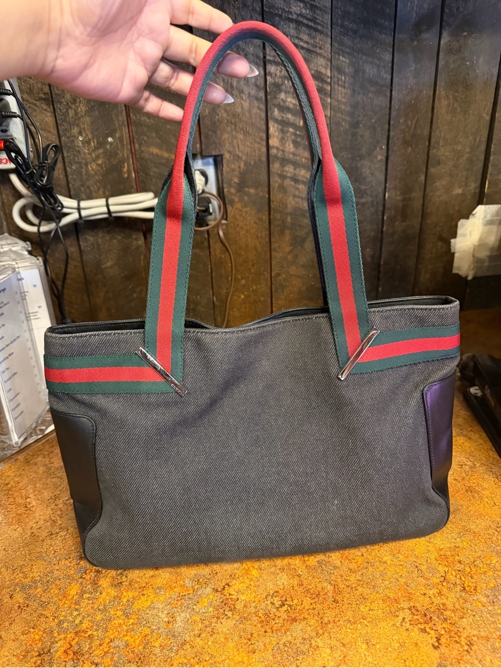 Gucci Black Leather Interior Tote with Monogram Lining